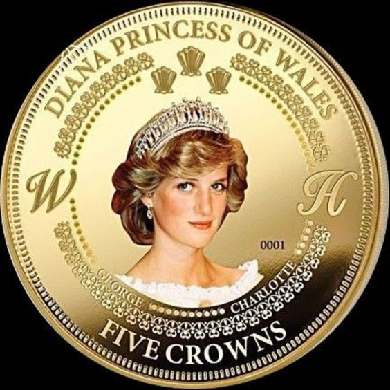 A commemorative coin featuring a portrait of Diana, Princess of Wales, wearing a tiara, with the text 'Diana Princess of Wales' and 'Five Crowns'.