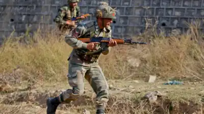 A soldier in camouflage uniform running with a rifle in a grassy area, with another soldier visible in the background.