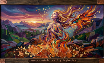 Abstract phoenix rising with fiery wings over cracked ground and mountains