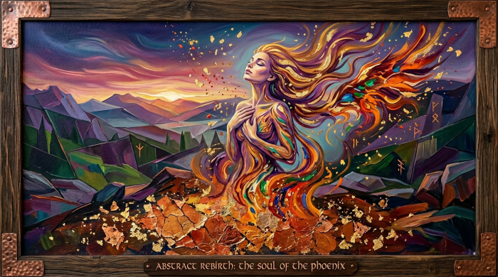 Abstract phoenix rising with fiery wings over cracked ground and mountains