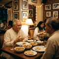 Two elderly men having an Indian meal with dishes of curry and flatbread in a warmly lit restaurant