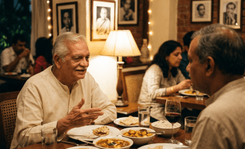 Two elderly men having an Indian meal with dishes of curry and flatbread in a warmly lit restaurant