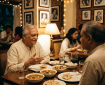 Two elderly men having an Indian meal with dishes of curry and flatbread in a warmly lit restaurant