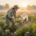 Woman in outdoor clothing catching a Monarch butterfly with a net in a flower-filled meadow at sunrise