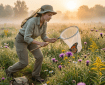 Woman in outdoor clothing catching a Monarch butterfly with a net in a flower-filled meadow at sunrise