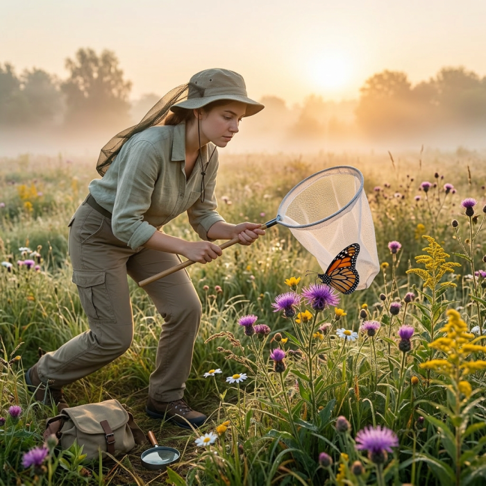 Woman in outdoor clothing catching a Monarch butterfly with a net in a flower-filled meadow at sunrise